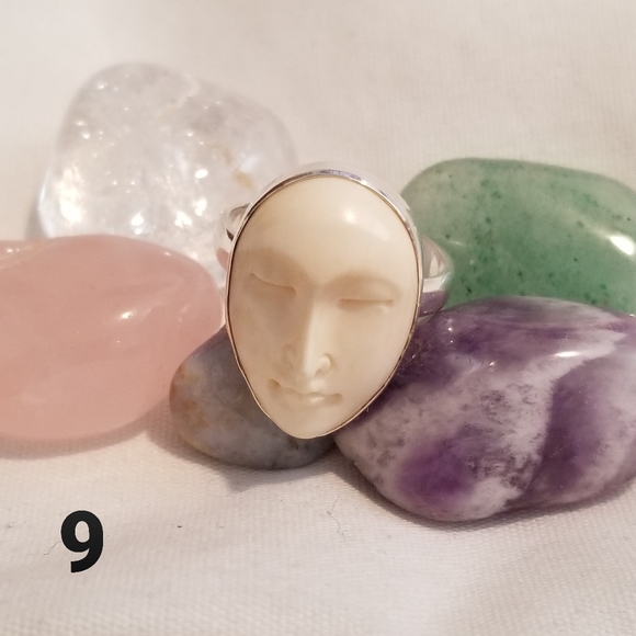 SOLD ON WHATNOT Handcarved Bone Goddess Face Silver Ring - Picture 6 of 6
